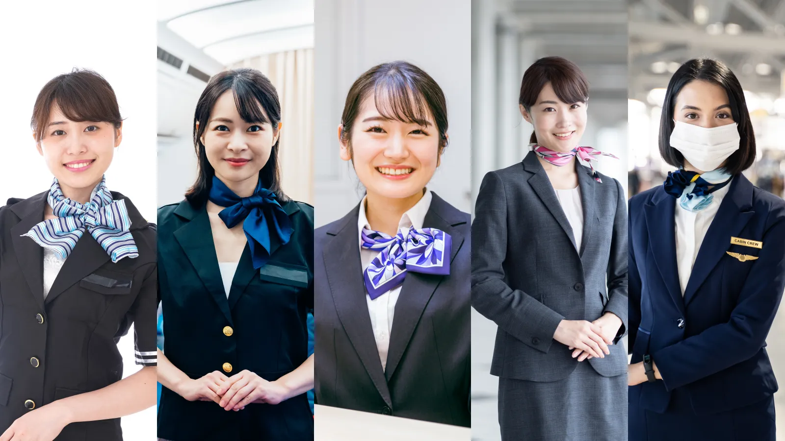 5人のCAモデル。それぞれの職場において笑顔で仕事中